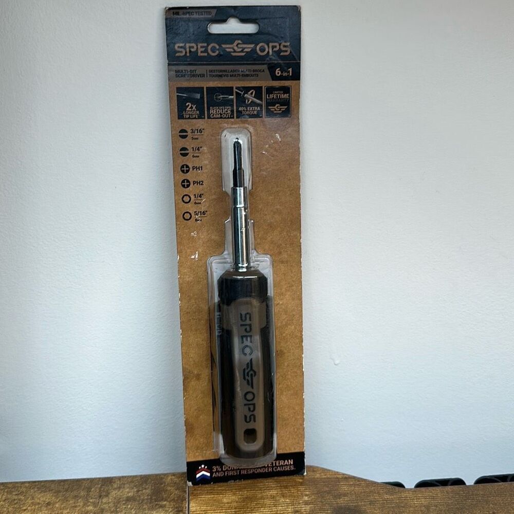 Spec Ops Tools Multi-Bit Screwdriver, 6-in-1, Magnetized Silver, Khaki,‎ Black